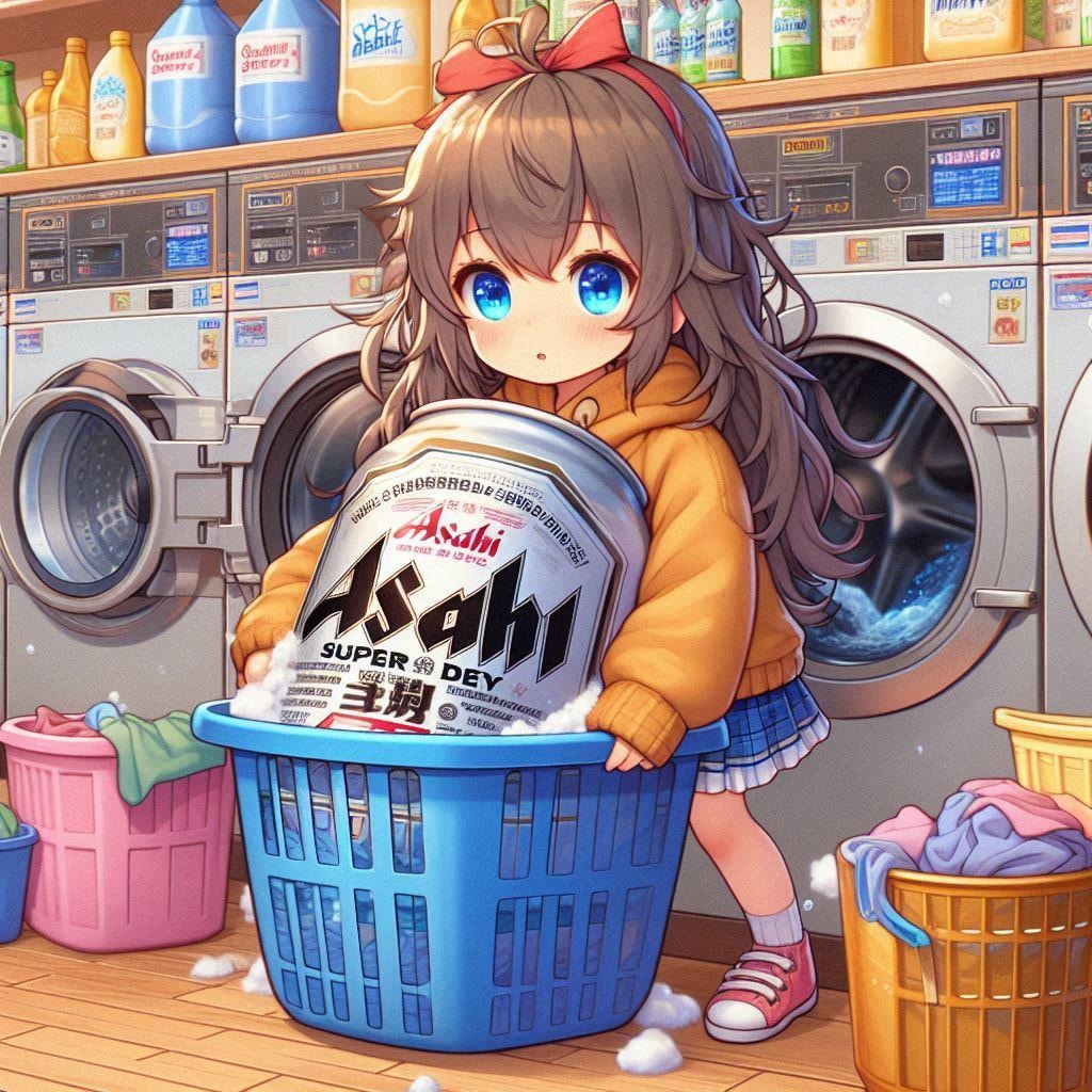 コインランドリーでビール缶と洗濯物を洗う小さな女の子