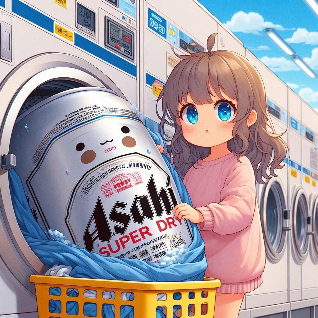 コインランドリーでビール缶と洗濯物を洗う小さな女の子