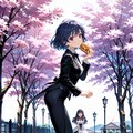 ハンバーガーを食べながら花見をするタキシード女子 2枚目