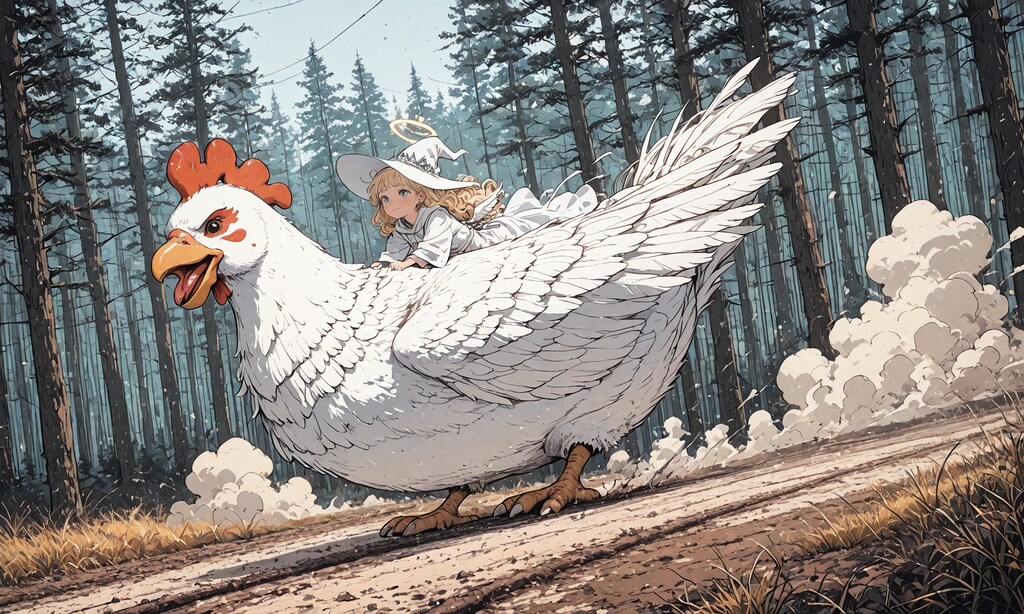 ミラちゃん、大鶏に乗る