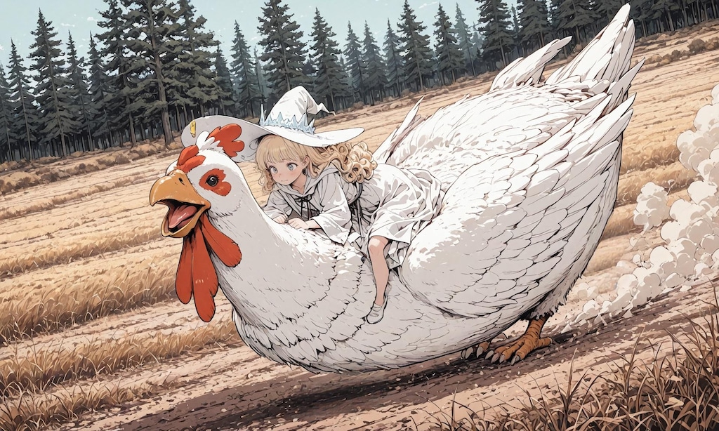 ミラちゃん、大鶏に乗る