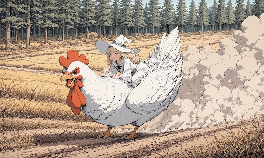 ミラちゃん、大鶏に乗る