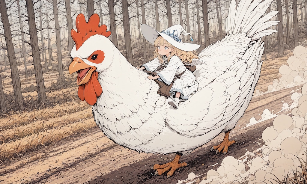 ミラちゃん、大鶏に乗る