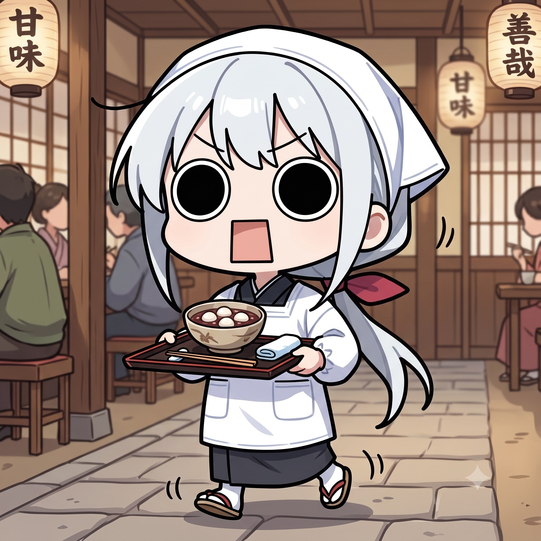 冷やし白玉善哉を運ぶえらいこっちゃ嬢