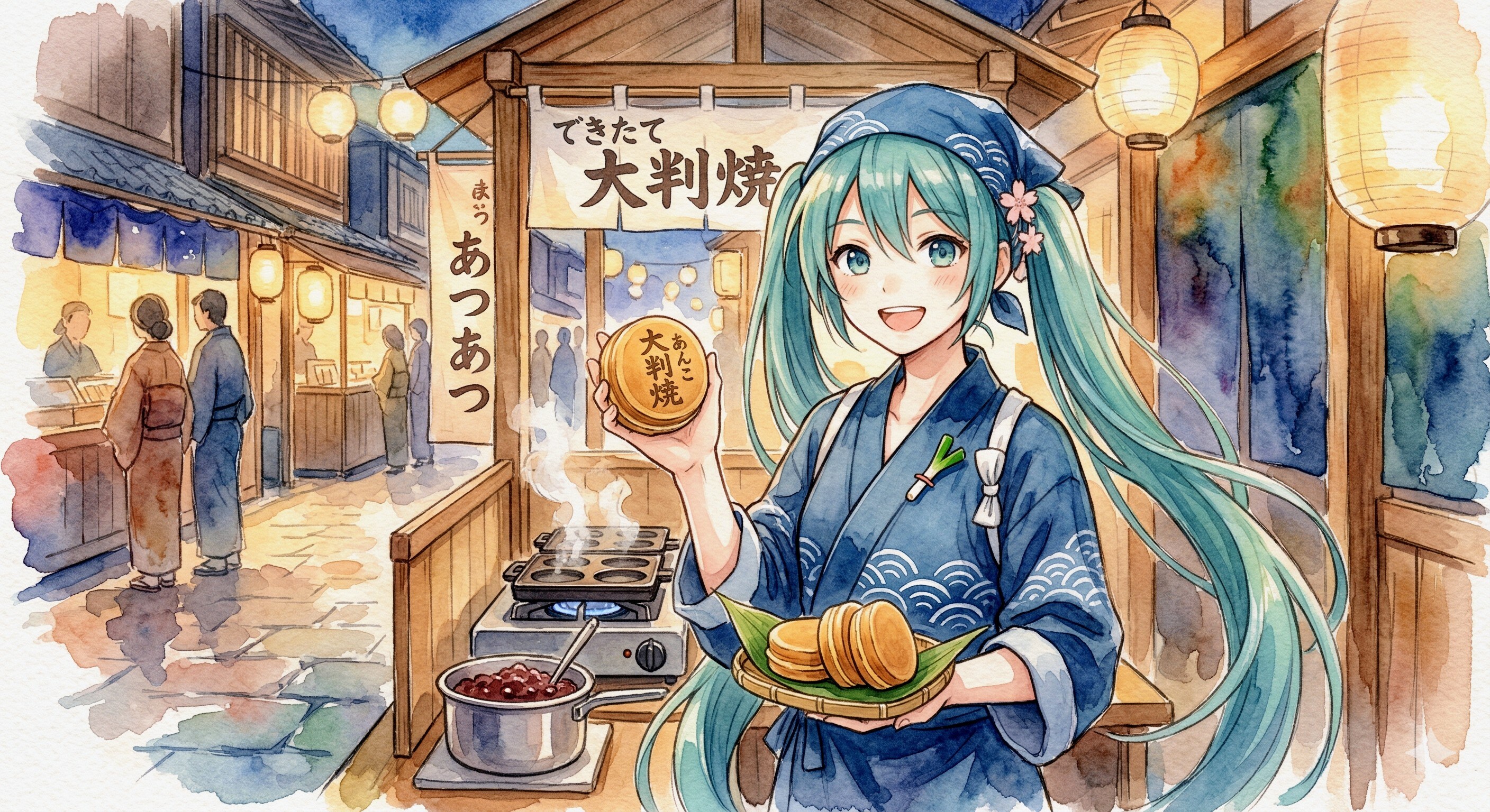 水彩画ミクさん　あつあつできたて ミクさん！