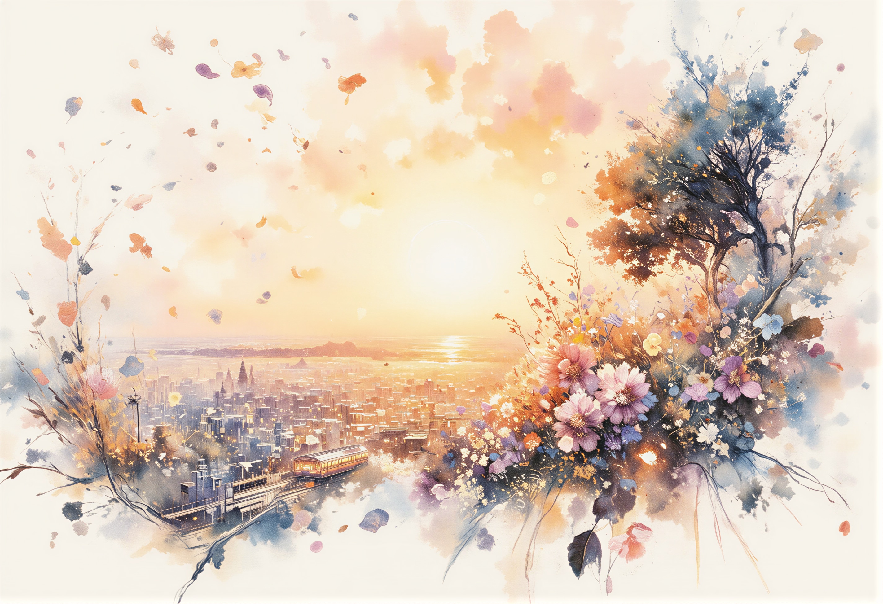 夕陽と花