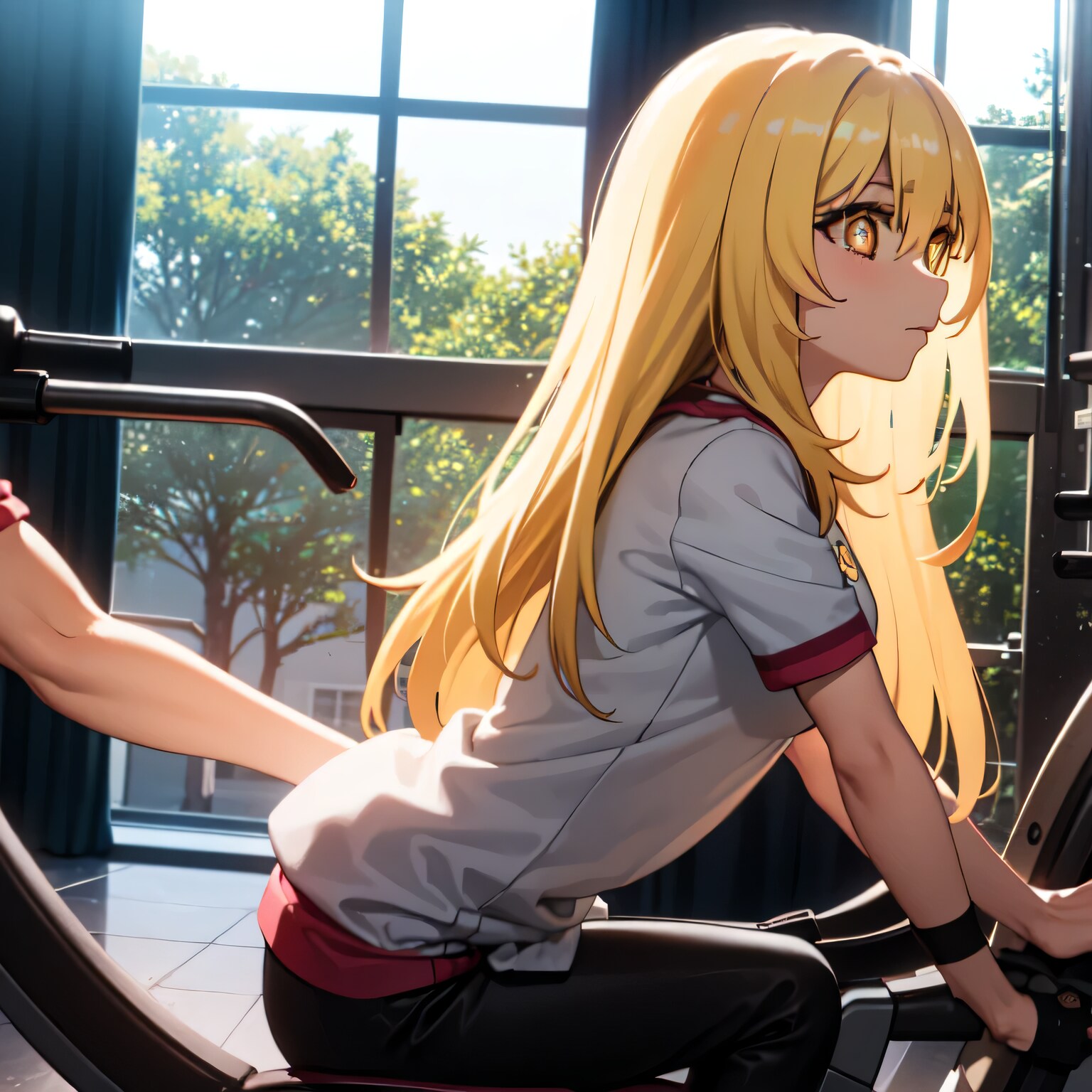 金髪ロングでエアロバイクの少女４ | の人気AIイラスト・グラビア