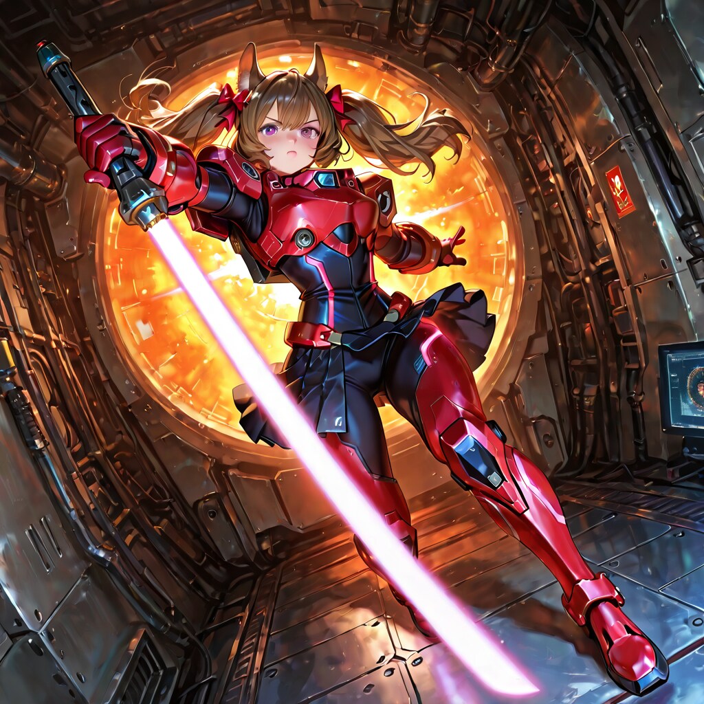ビームサーベルを構えるケモ耳パワードスーツ美少女！