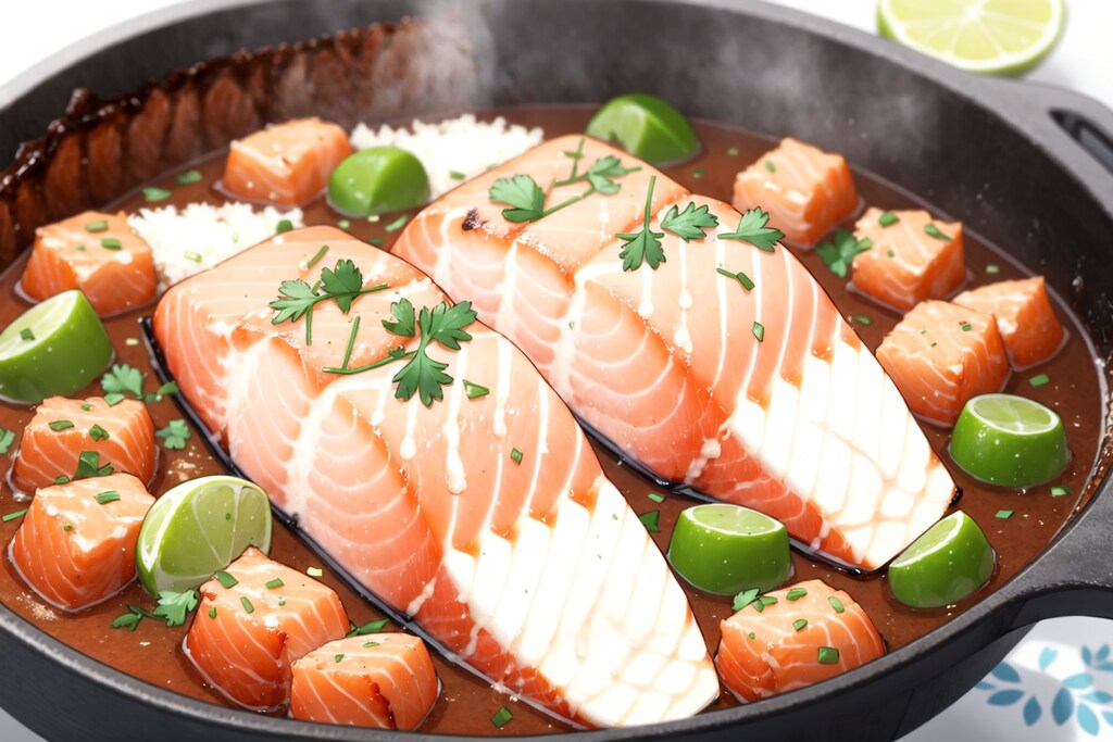 サーモンメインのパエリアの支度中