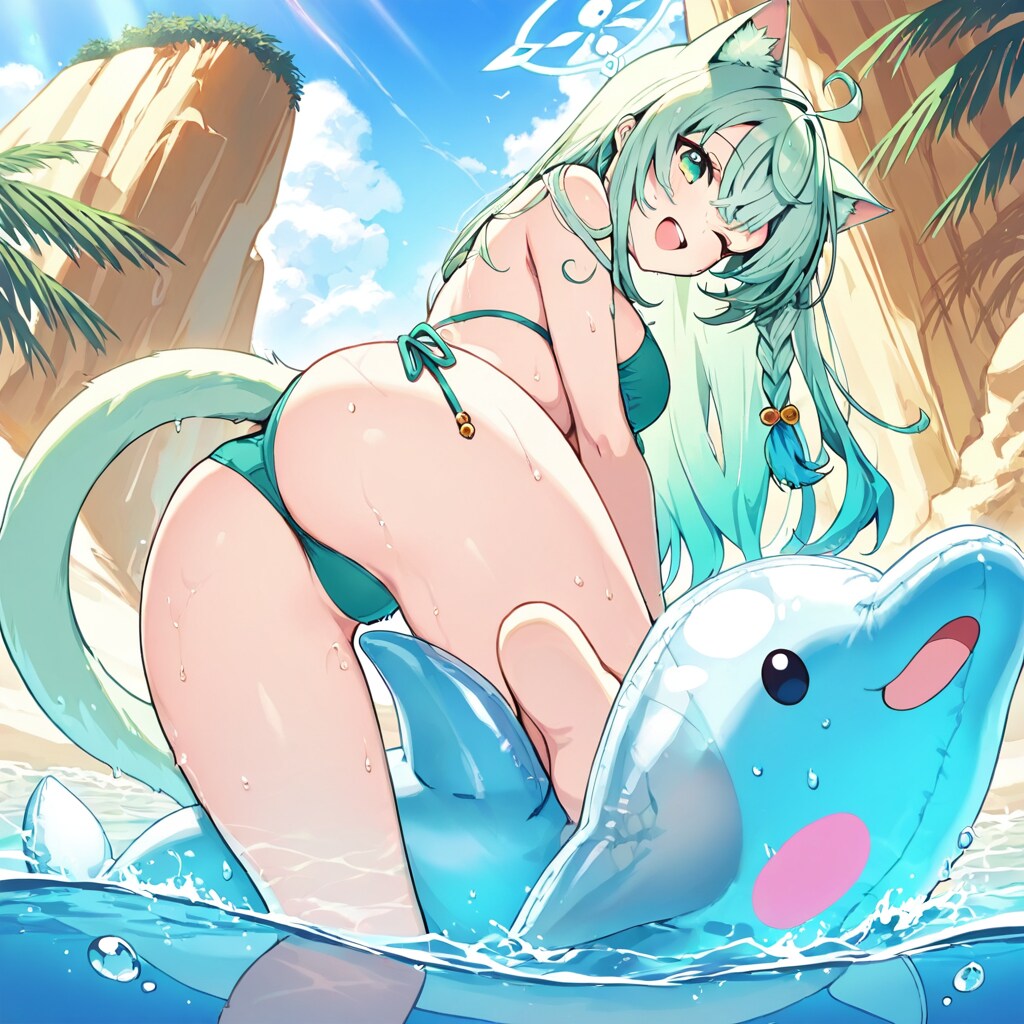 GWの南国アドベンチャー！ 緑狐耳っ子がイルカ浮き輪で大はしゃぎ