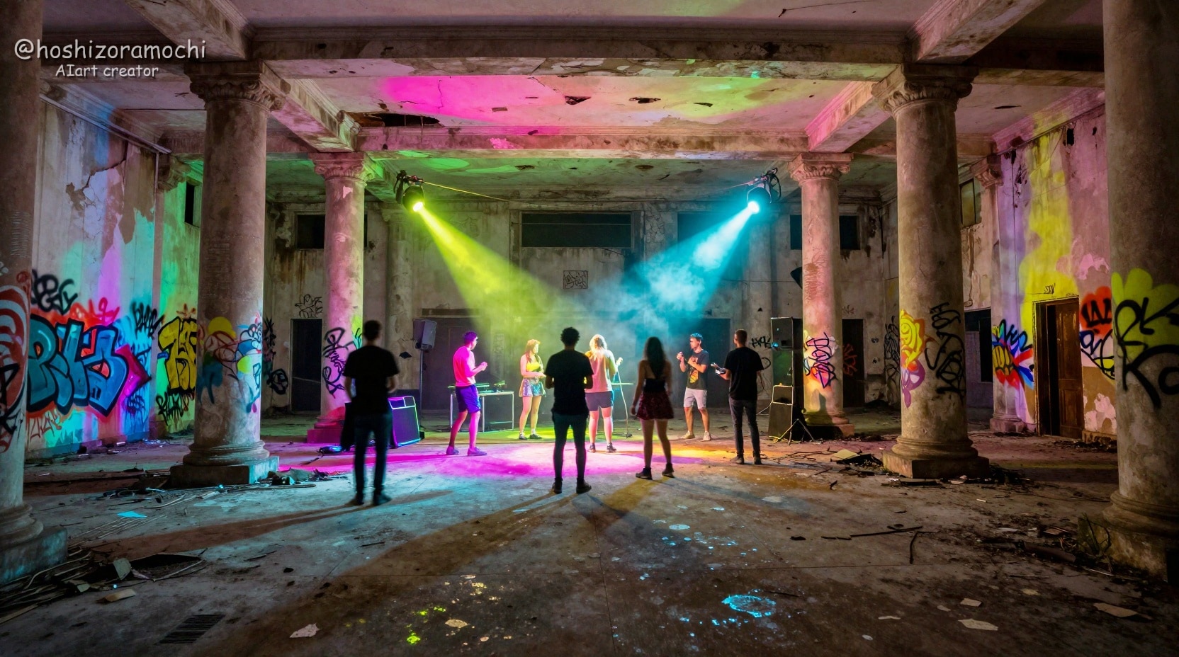 🎨廃墟になった美術館での 深夜のアングラ・アート・レイブ | の人気AIイラスト・グラビア