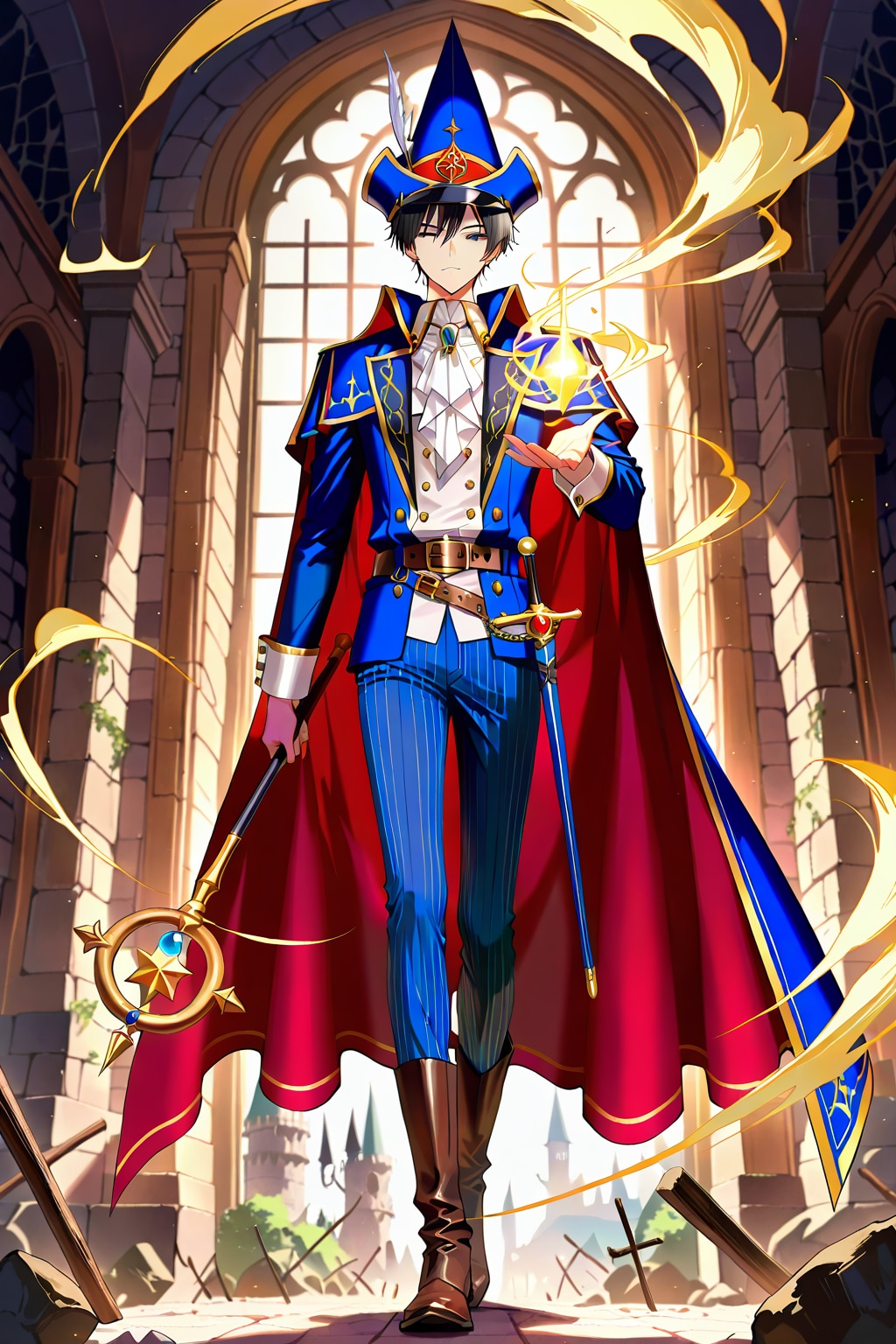 アニメ風、ファンタジーな遺跡地下、大きな男性魔導師1-1-1-2-2-3