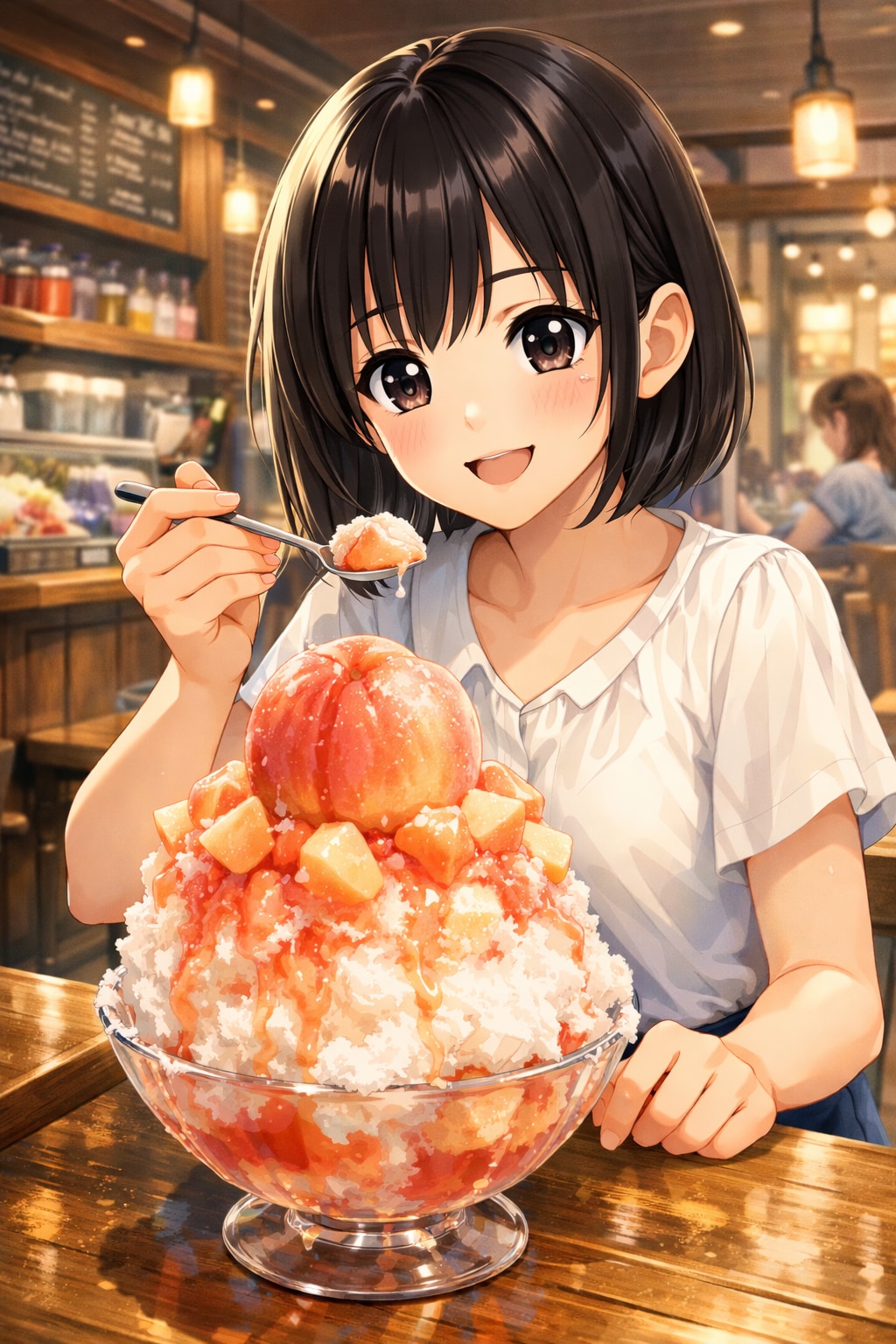 桃のかき氷を食べている女の子