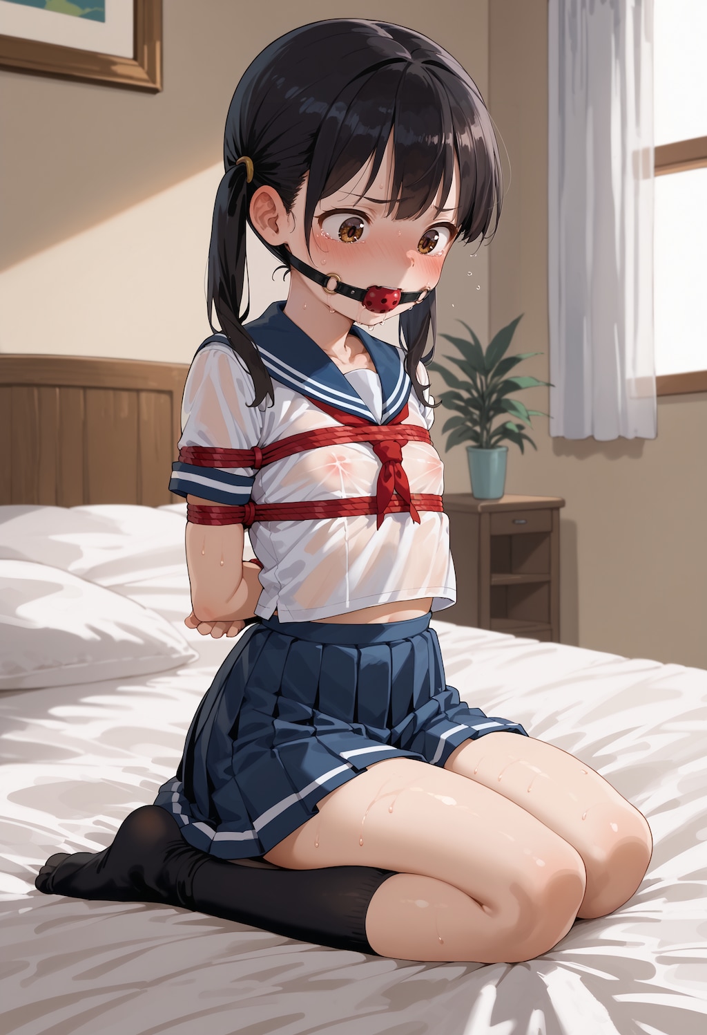 セーラー服ノーブラ緊縛+ボールギャグ
