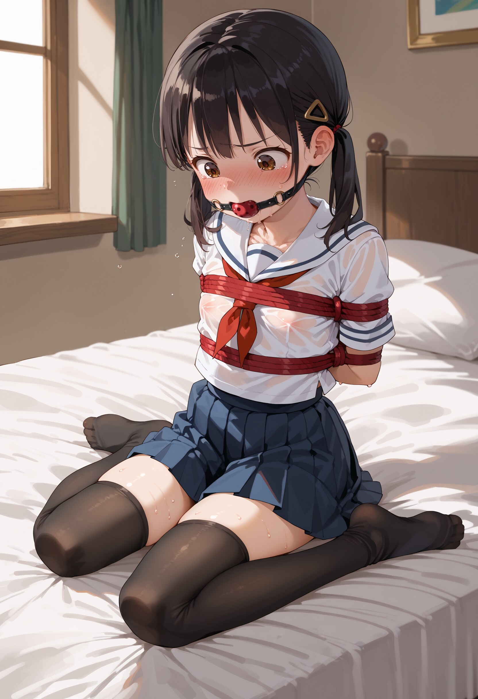 セーラー服ノーブラ緊縛+ボールギャグ