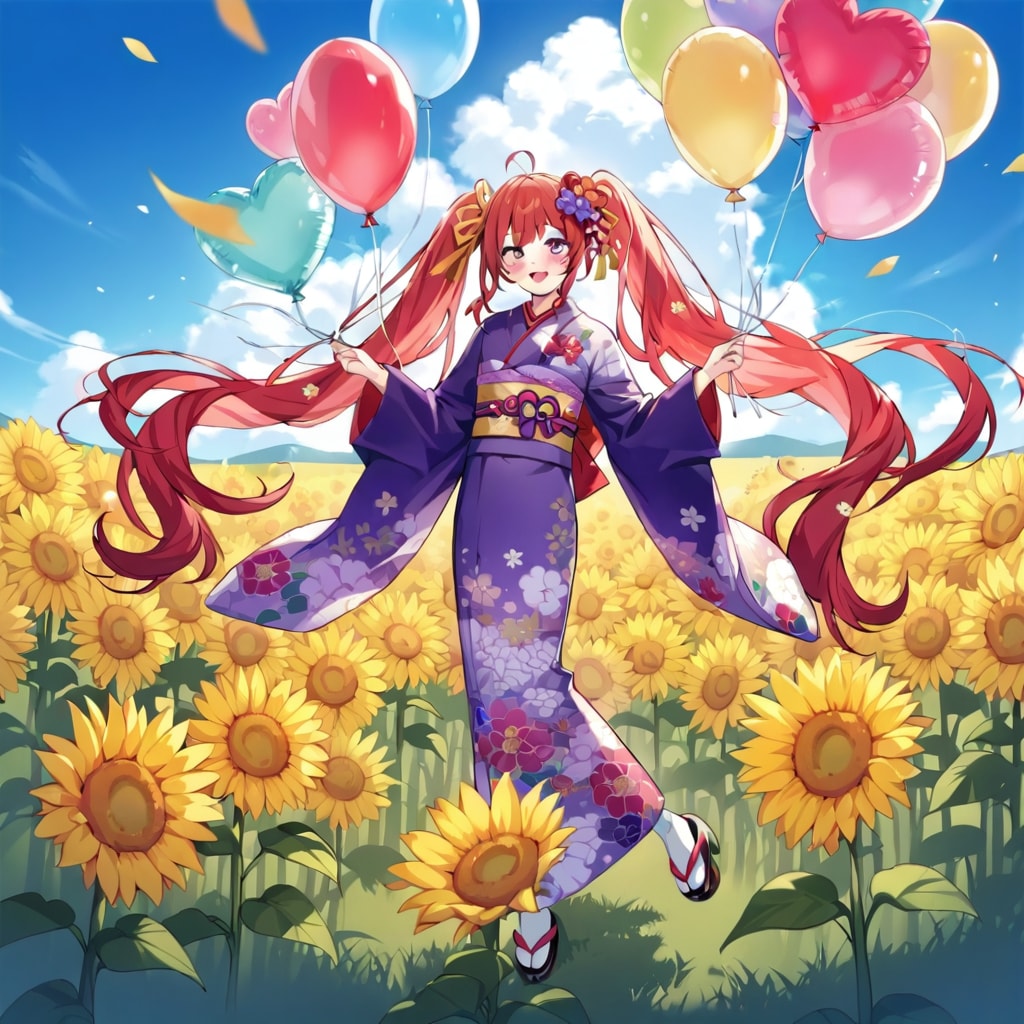 ヒマワリ咲いてるお花畑でいっぱい色とりどりの風船を持つ赤い髪ツインテールの紫色の花柄の着物着た美女 | の人気AIイラスト・グラビア