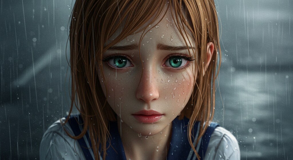 雨の中､悲しげに佇む