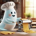 世界パスタデーにパスタマシンで準備中のお化けシェフ 2枚目