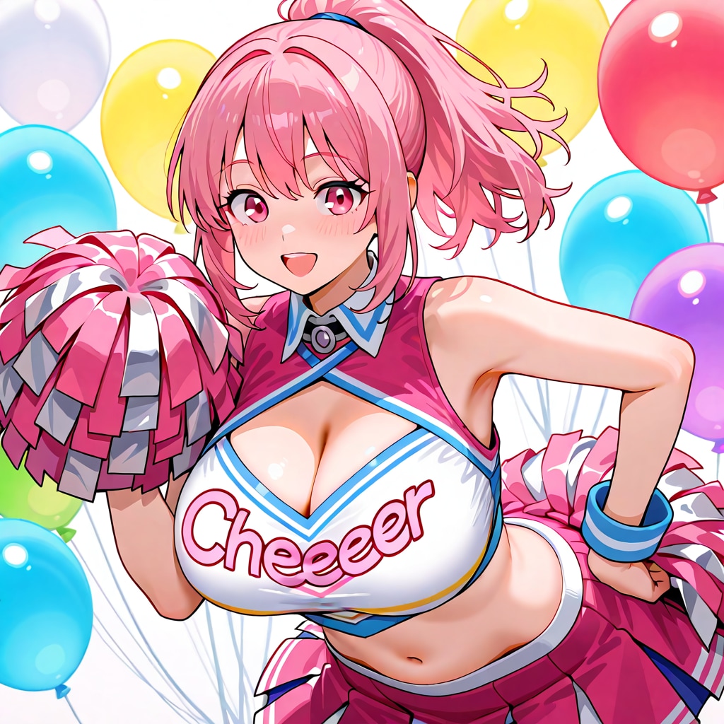 いっぱい色とりどりの風船を持つピンク髪ポニーテールのチアガール衣装の美女