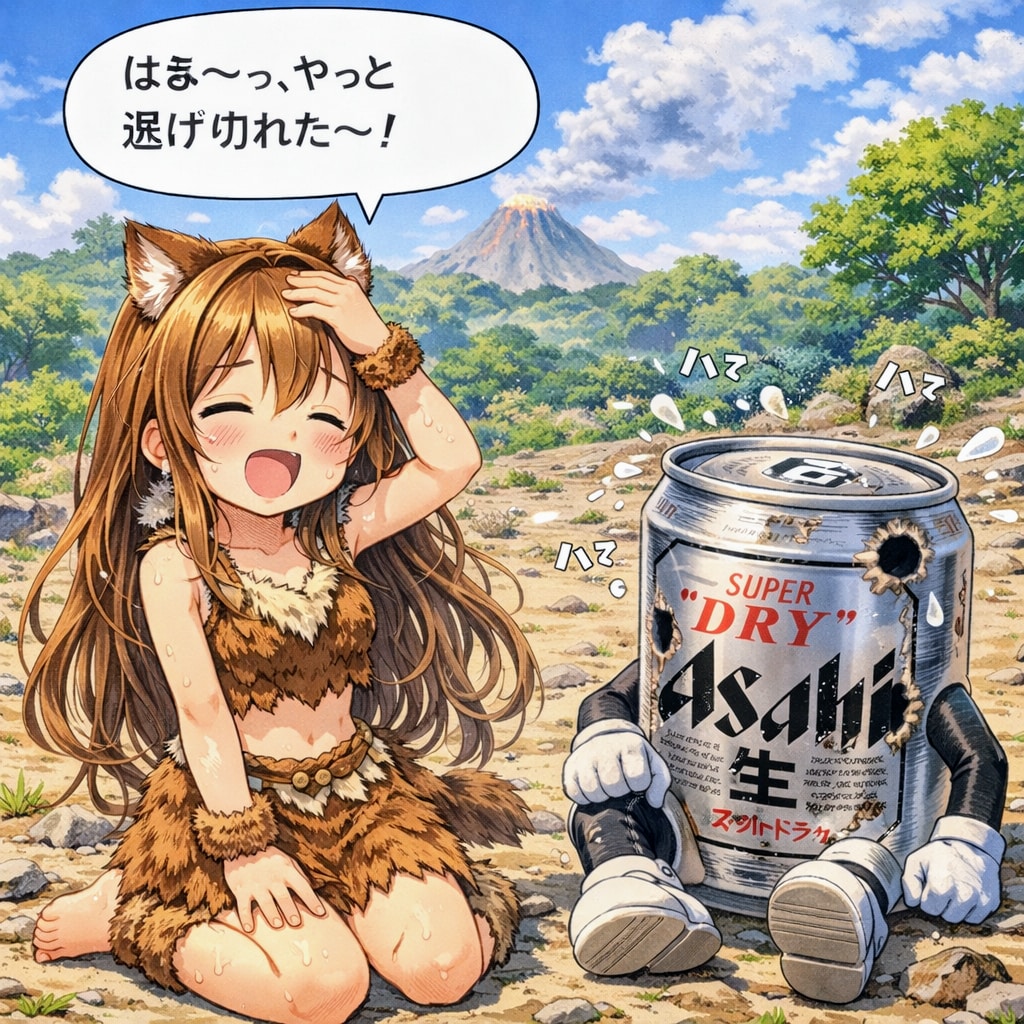 マンモスから逃げている小さな女の子