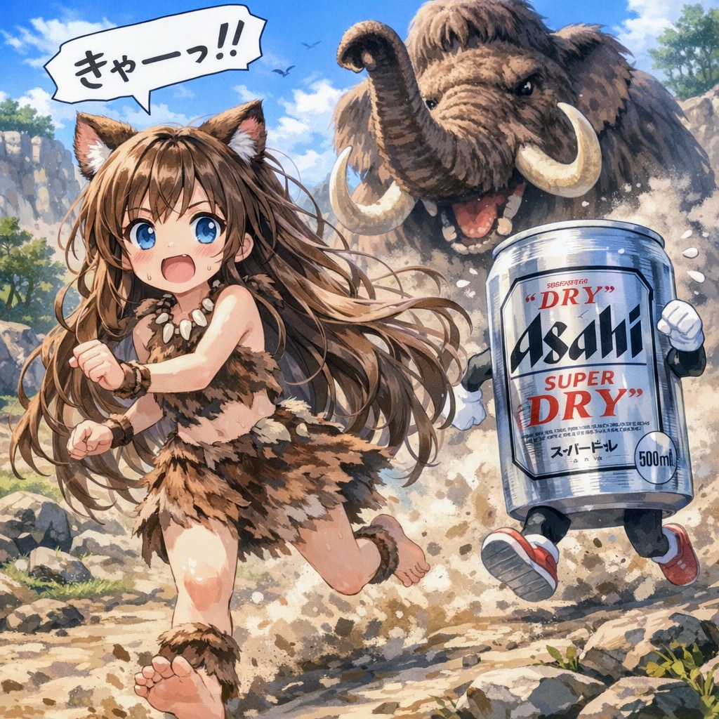 マンモスから逃げている小さな女の子