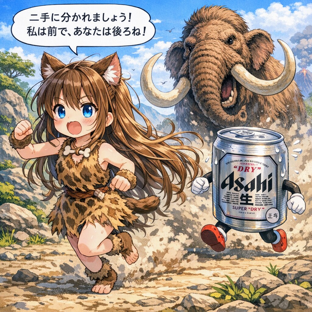 マンモスから逃げている小さな女の子