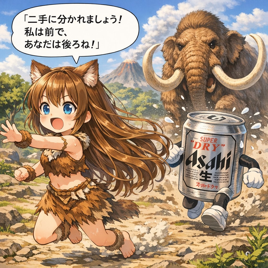 マンモスから逃げている小さな女の子