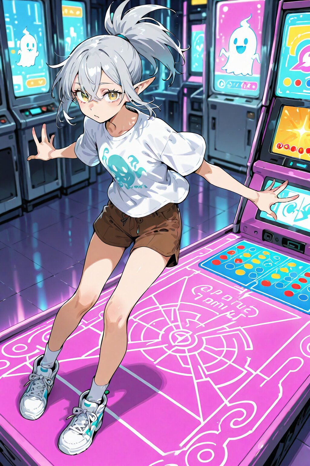 ゲーセンでダンスゲームをする銀髪エルフの女の子