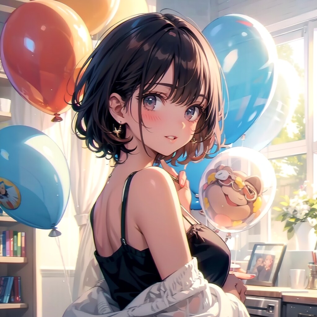 いっぱい風船を持つブラウンショートカットのブラウス着た美女。 | の人気AIイラスト・グラビア