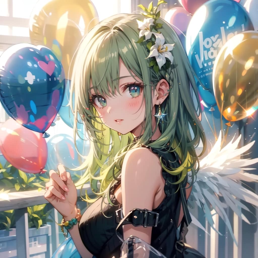 いっぱい色とりどりの風船を持つ緑髪ロングの天使の美少女。 | の人気AIイラスト・グラビア