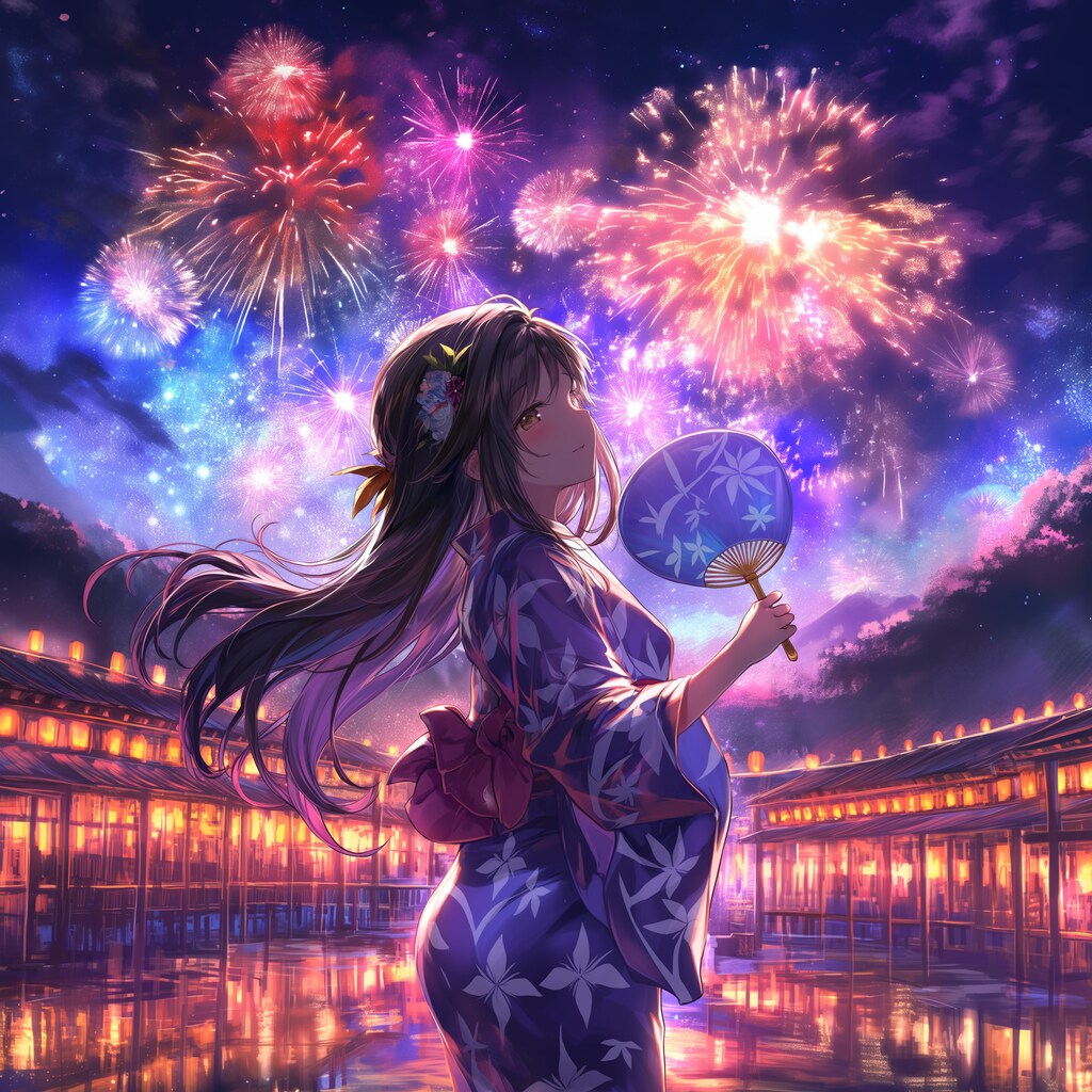 花火と浴衣美人