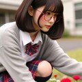 眼鏡女子 楓の花壇のお手入れ 5枚目