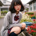 眼鏡女子 楓の花壇のお手入れ 2枚目