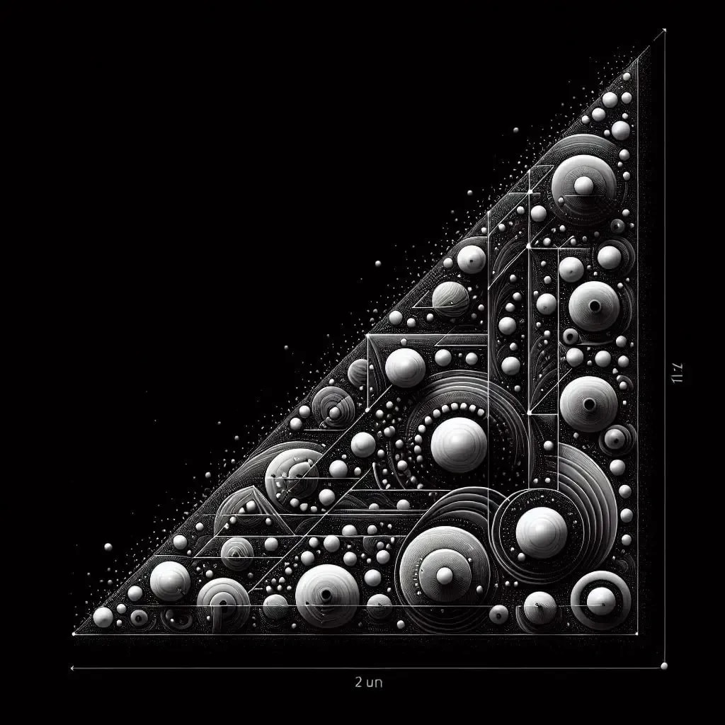 横10、高さ2の直角三角形の中に、スペースに合わせて大きさを変えた丸を規則的に並べた構図。狭い場所では小さく、広い場所では大きく丸が配置され、丸の並びで時間の流れ、重力の影響、空間の変化が視覚的に表現