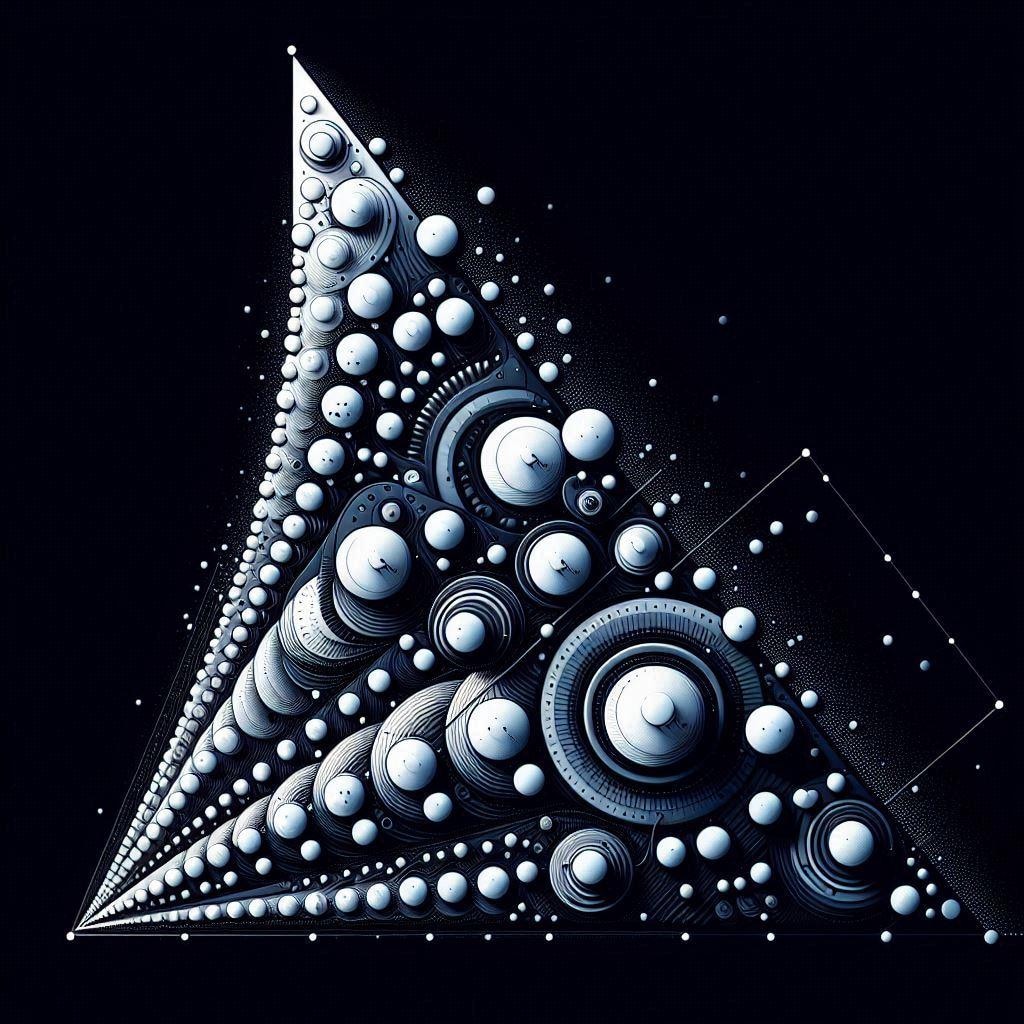 横10、高さ2の直角三角形の中に、スペースに合わせて大きさを変えた丸を規則的に並べた構図。狭い場所では小さく、広い場所では大きく丸が配置され、丸の並びで時間の流れ、重力の影響、空間の変化が視覚的に表現