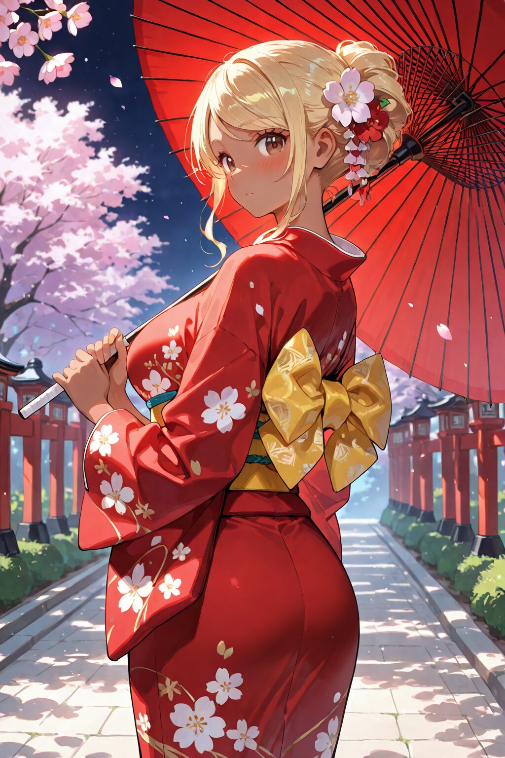 和風ギャルの振り返り夜桜🌸