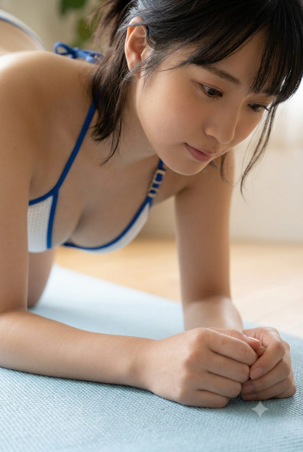 青いラインで縁取られた白いビキニ