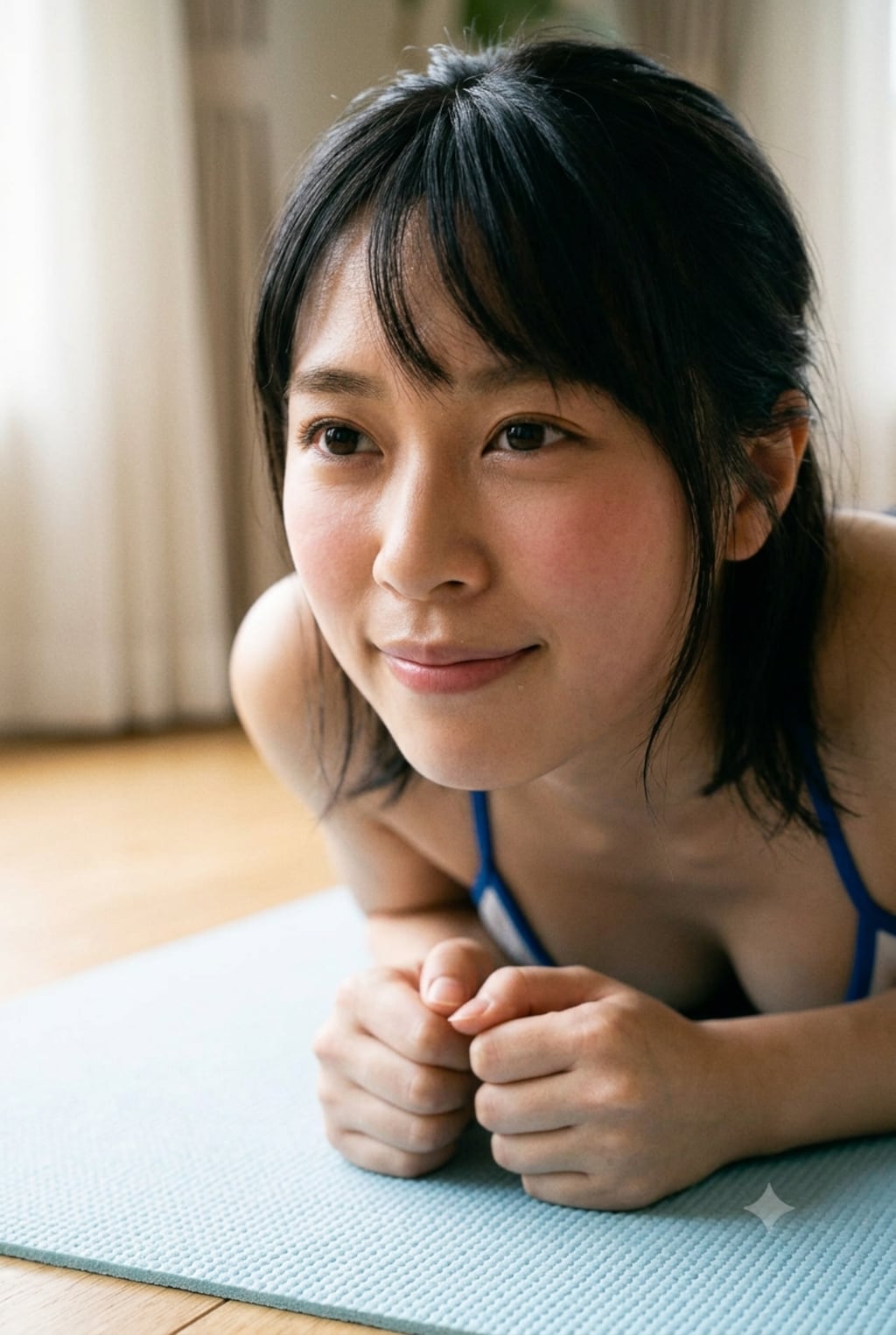 青いラインで縁取られた白いビキニ