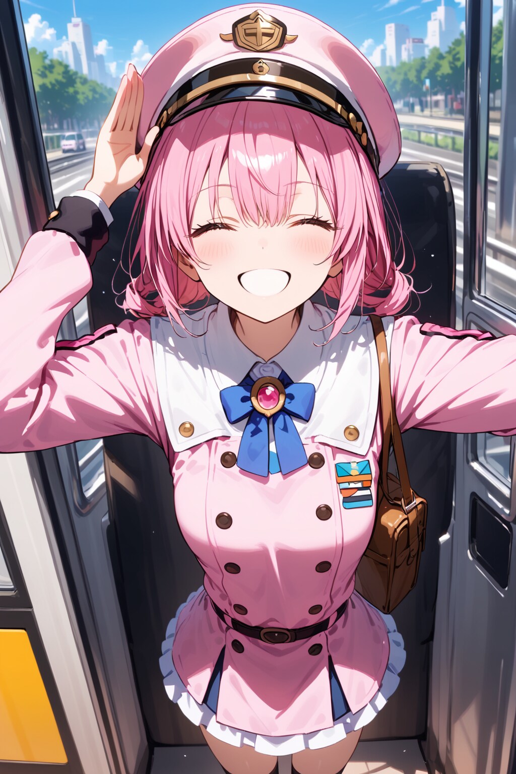 ピンク制服のバス運転手