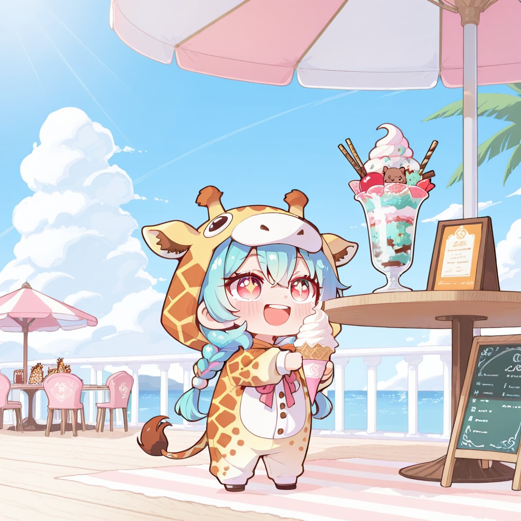 ソフトクリームを楽しむキリン着ぐるみちび子ちゃん