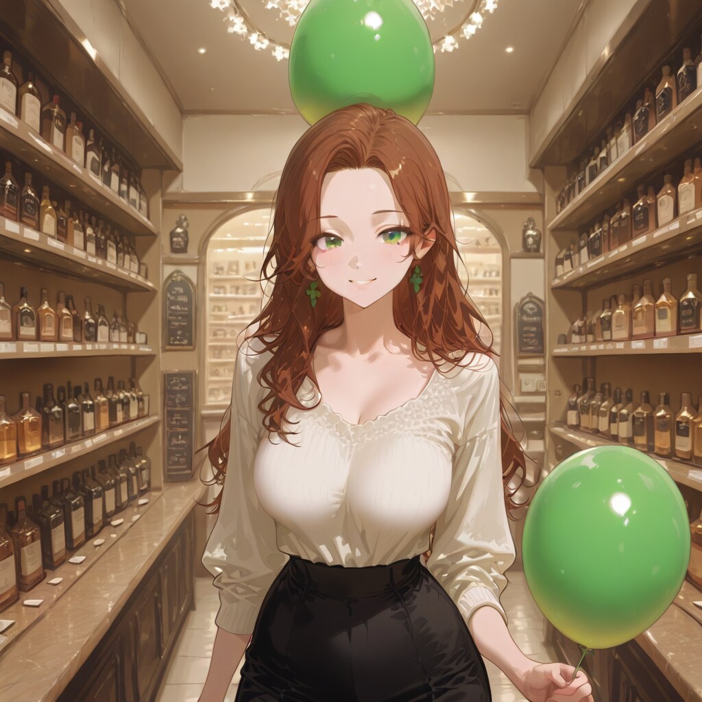 街の酒屋さんで緑色の風船を持つブラウンウェーブヘアの美女