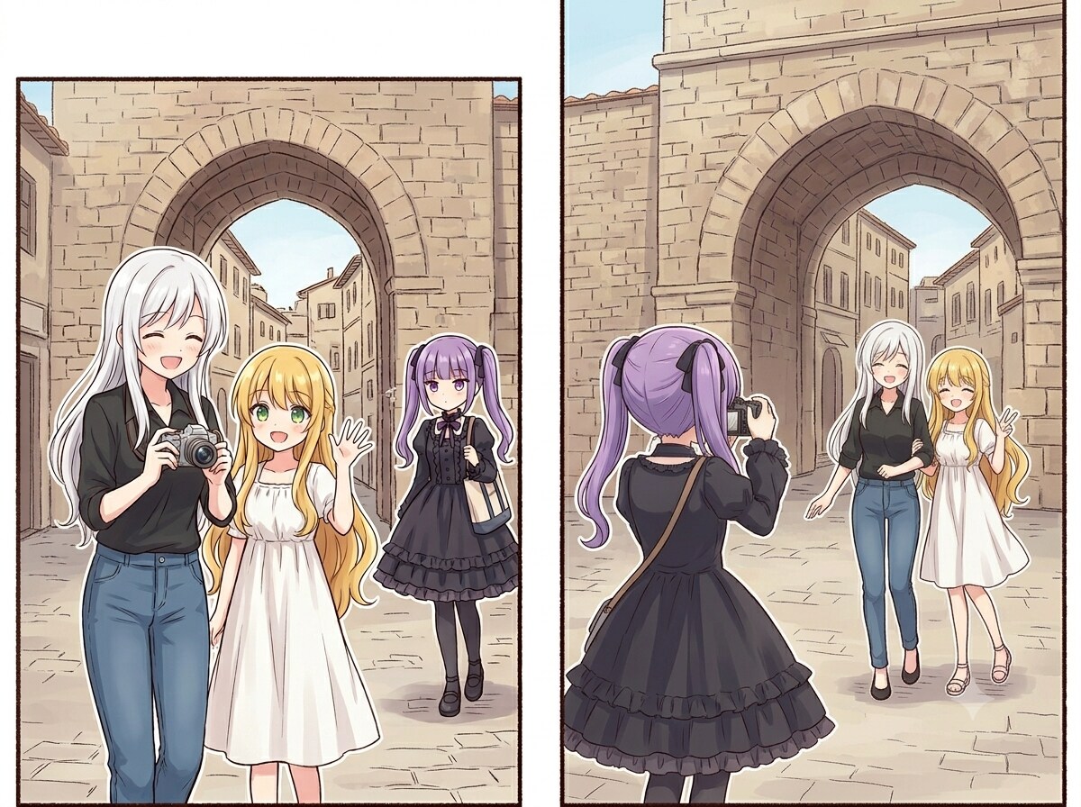 石のアーチの前で写真撮影