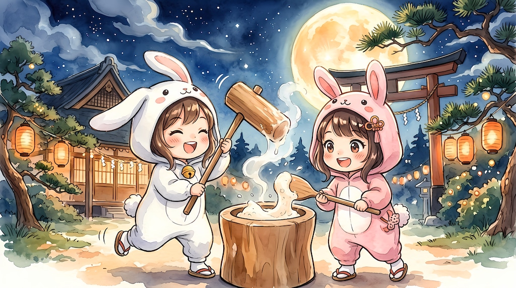 【月明かりに照らされて】餅つき２