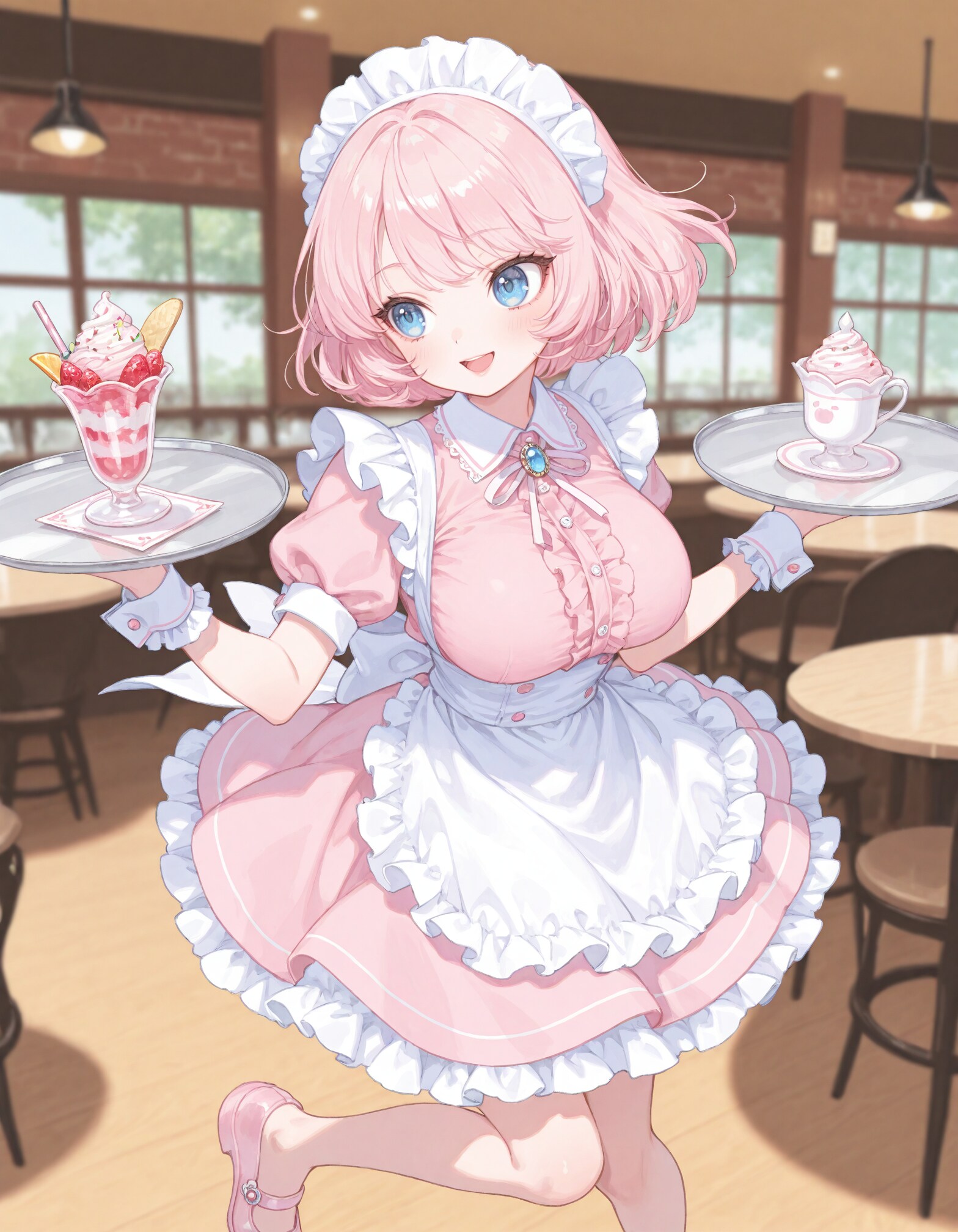 カフェのピンクメイド少女