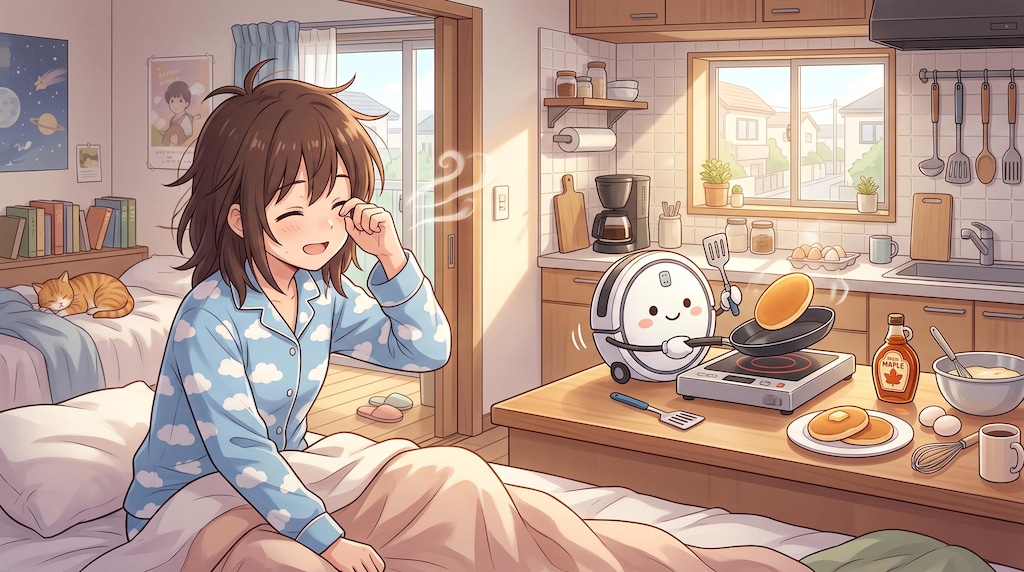 ある朝起きたら。台所からいい匂いがして、ロボット掃除機が一生懸命ホットケーキをひっくり返そうとしていた。