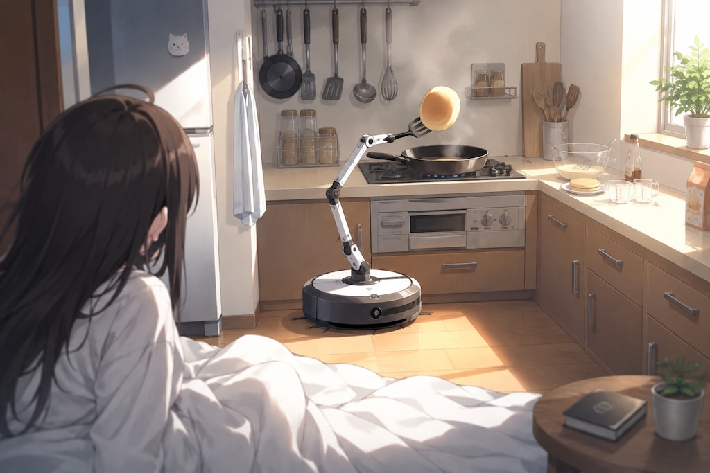 ある朝起きたら。台所からいい匂いがして、ロボット掃除機が一生懸命ホットケーキをひっくり返そうとしていた。