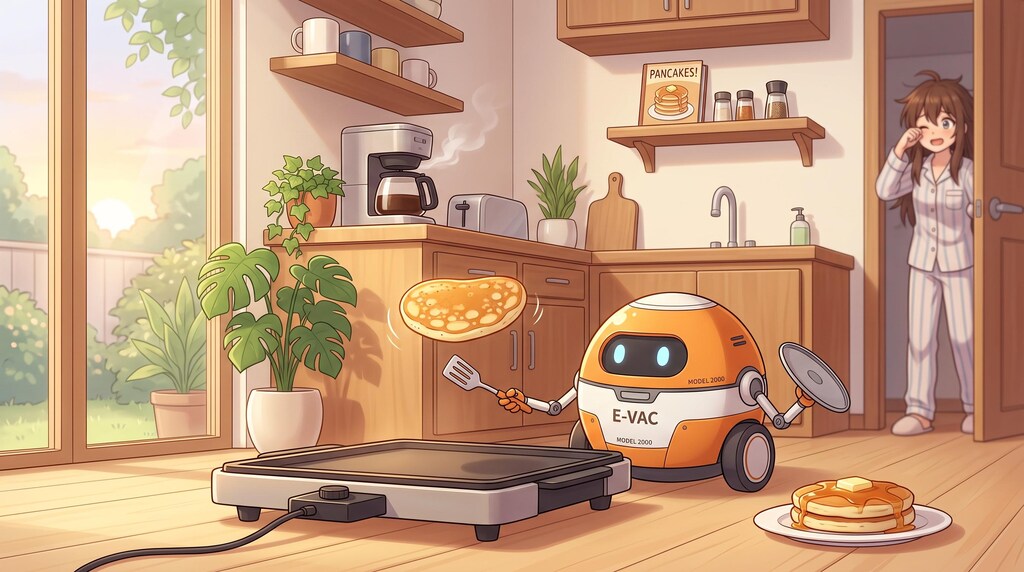 ある朝起きたら。台所からいい匂いがして、ロボット掃除機が一生懸命ホットケーキをひっくり返そうとしていた。