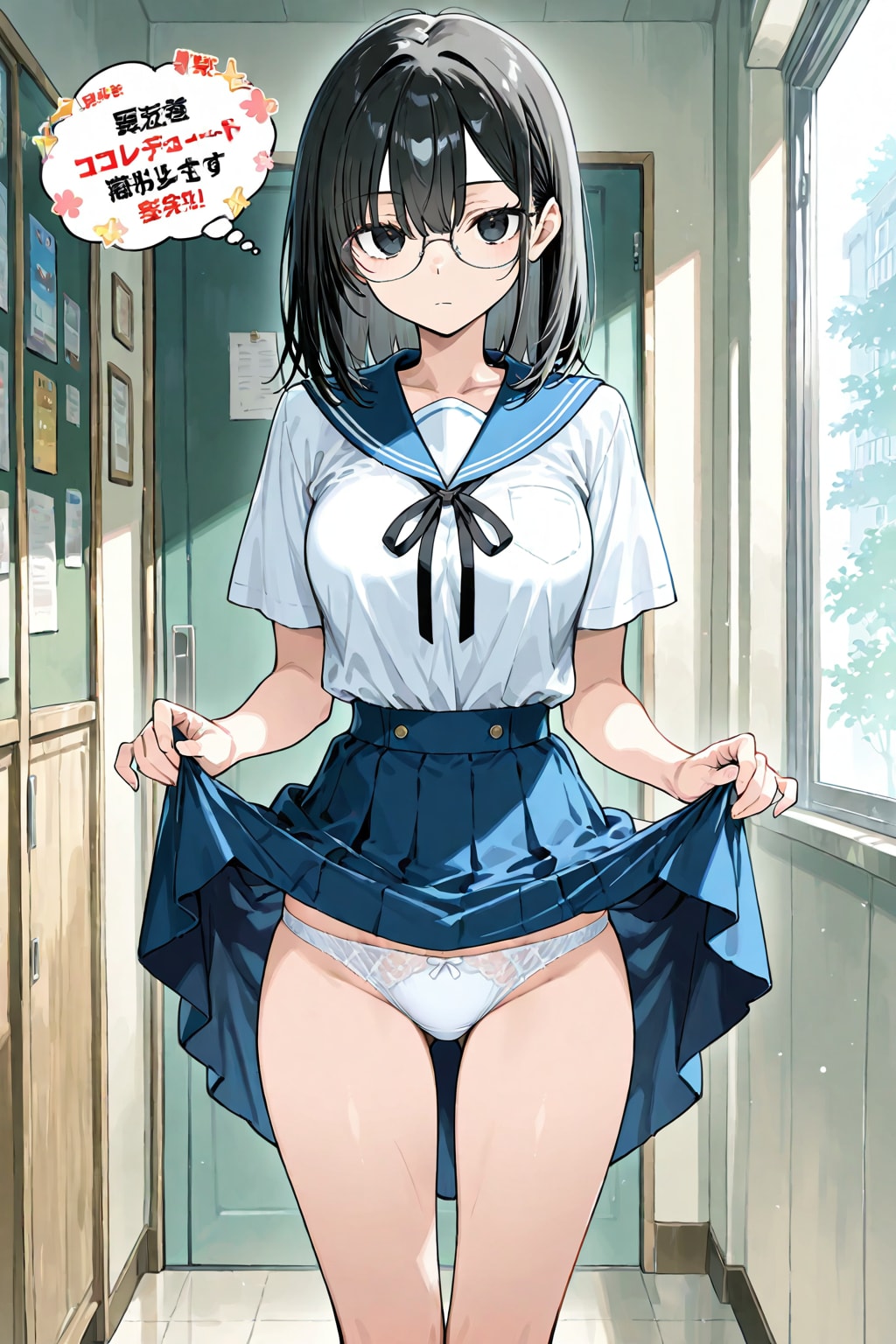 無表情な眼鏡JKのたくし上げ