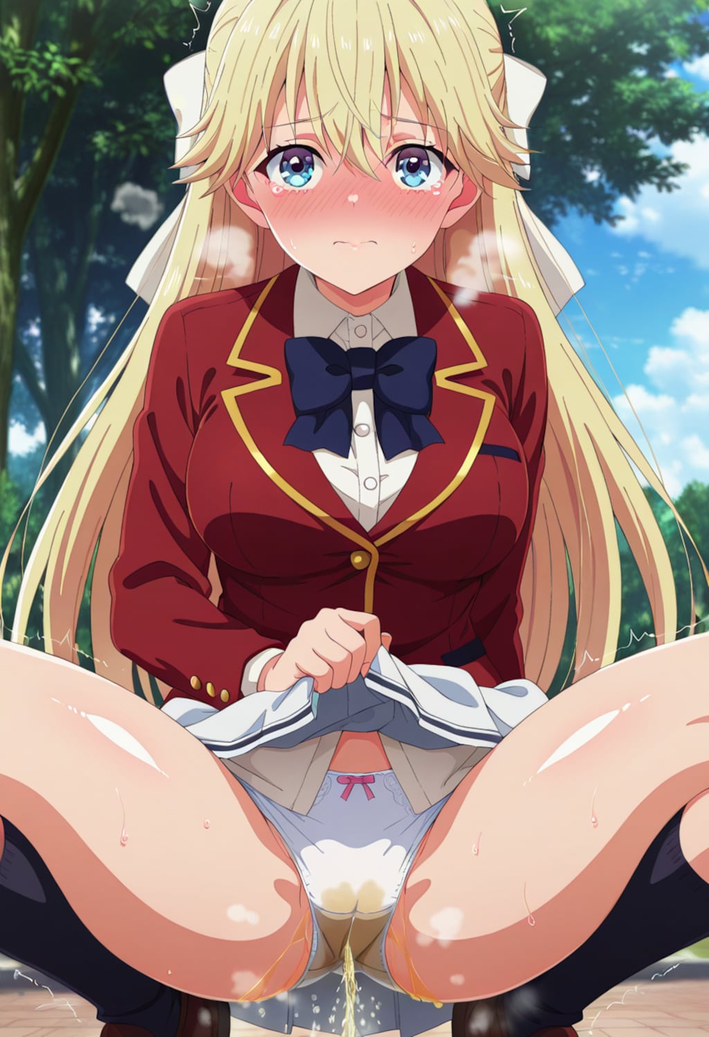 我慢できずに公園で恥じらいながらも漏らしちゃう七瀬ちゃんが見たい