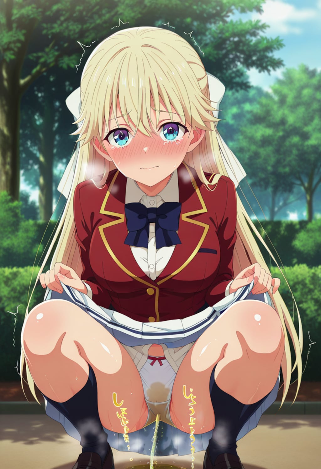 我慢できずに公園で恥じらいながらも漏らしちゃう七瀬ちゃんが見たい
